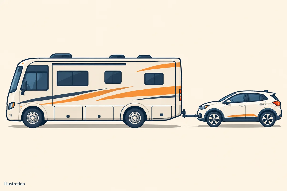 Illustration of a generic motorhome towing a car with all four wheels on the ground