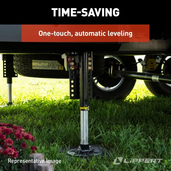 Ground Control leveling jack extended beneath a fifth-wheel RV