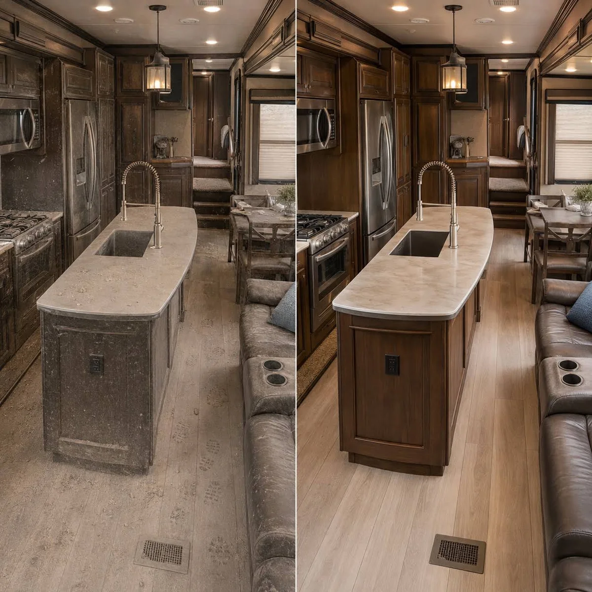 Illustration comparing dusty and clean RV interior surfaces